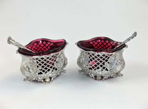 fig 1. Pair of Edwardian Silver Salts with Ruby Glass Liners, 1902