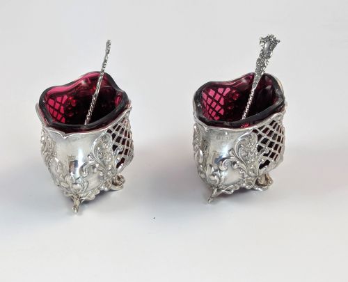 fig 2. Pair of Edwardian Silver Salts with Ruby Glass Liners, 1902