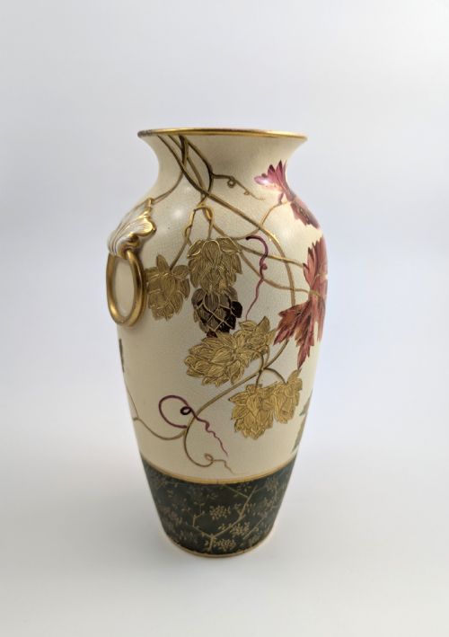 fig 5. Antique Wedgwood Ivory Vellum vase painted with hop leaves and cones, c. 1880