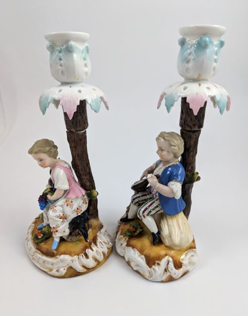 SITZENDORF PORCELAIN FIGURAL CANDLESTICKS SHEPHERDESS AND LUTE PLAYER C 1884 - ADDITIONAL PHOTO 1