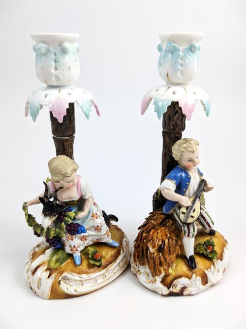 SITZENDORF PORCELAIN FIGURAL CANDLESTICKS SHEPHERDESS AND LUTE PLAYER C 1884 - ADDITIONAL PHOTO 4