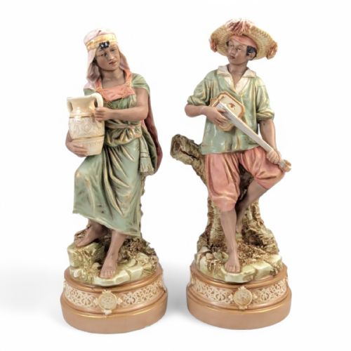 Antique Royal Dux Bohemia Porcelain Figures of Gypsy Boy and Girl, C. 1875