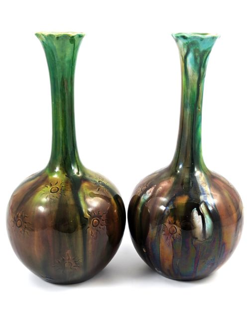 RARE BURMANTOFTS FAIENCE SUNBURST BOTTLE VASES C 1880 - ADDITIONAL PHOTO 2