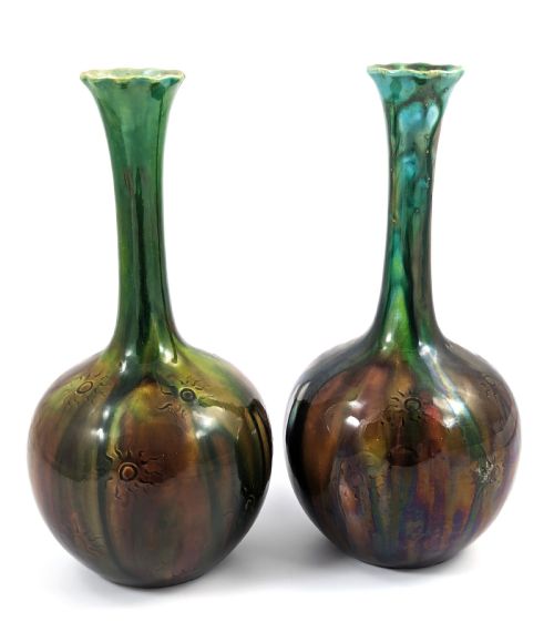 RARE BURMANTOFTS FAIENCE SUNBURST BOTTLE VASES C 1880 - ADDITIONAL PHOTO 3