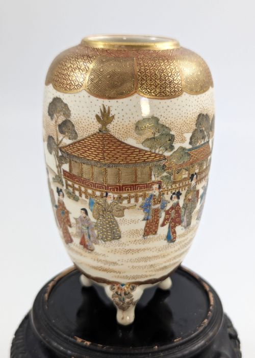 fig 1. Antique Japanese Satsuma footed vase, hand-painted courtly scene, gold detailing