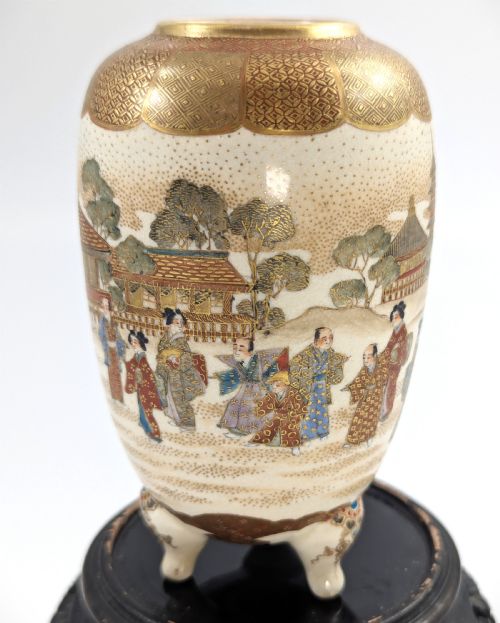 fig 2. Antique Japanese Satsuma footed vase, hand-painted courtly scene, gold detailing