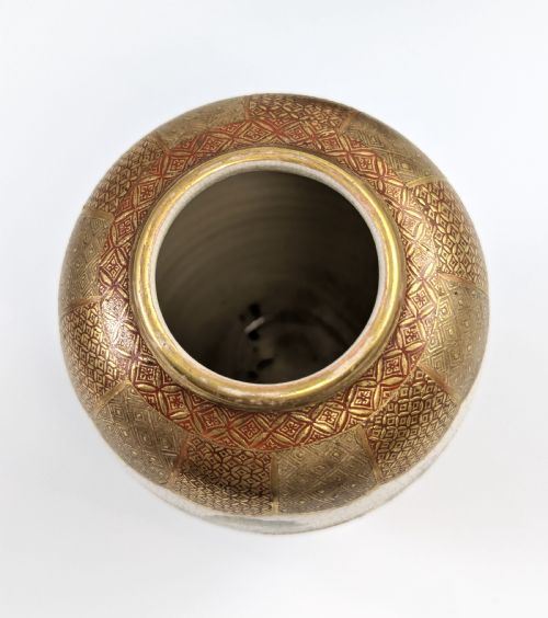 fig 5. Antique Japanese Satsuma footed vase, hand-painted courtly scene, gold detailing