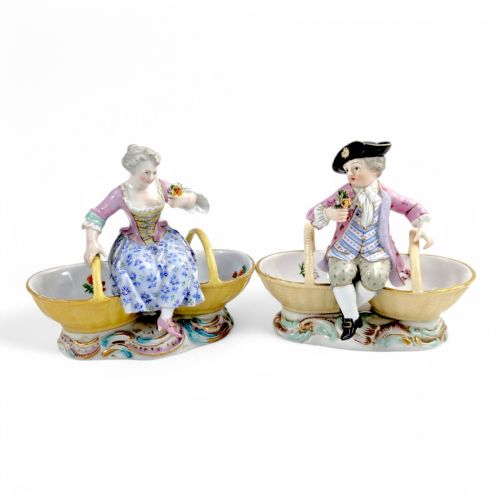 Meissen Antique Porcelain Figural Double Salt Cellars, Rococo Style, C. 1830