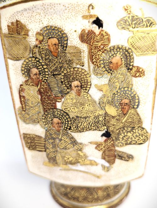 fig 8. Meiji period white Satsuma vase, Shiro Satsuma with Rakan and court scenes c. 1890