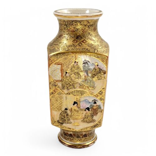 fig 1. Meiji period white Satsuma vase, Shiro Satsuma with Rakan and court scenes c. 1890