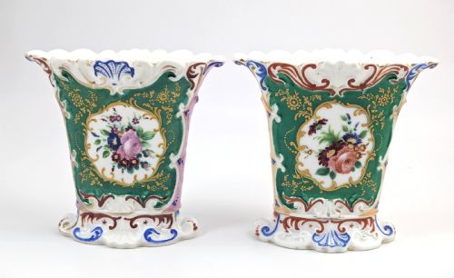 fig 2. Old Paris porcelain pair of flared vases, Jacob Petit style with hand-painted floral medallions, c. 1850
