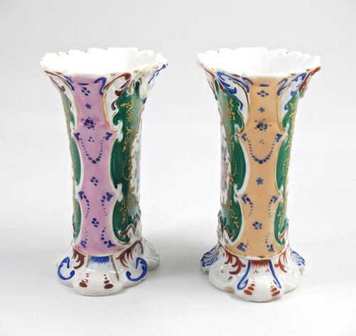 fig 3. Old Paris porcelain pair of flared vases, Jacob Petit style with hand-painted floral medallions, c. 1850