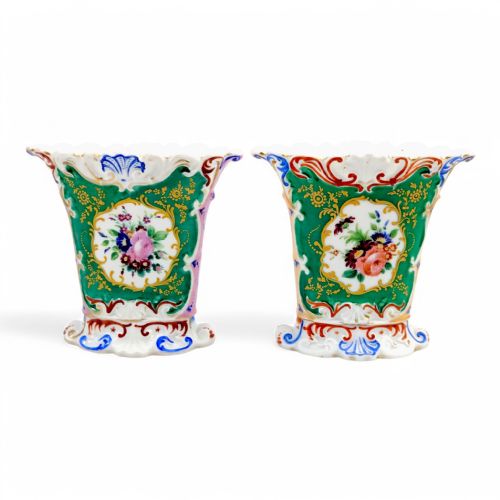 fig 1. Old Paris porcelain pair of flared vases, Jacob Petit style with hand-painted floral medallions, c. 1850