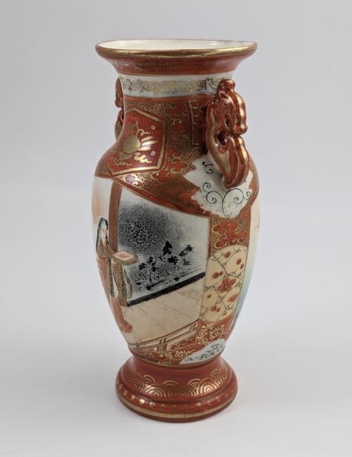 fig 2. Meiji Kutani vase with shishi handles, signed Juzan, Japanese porcelain, 1903
