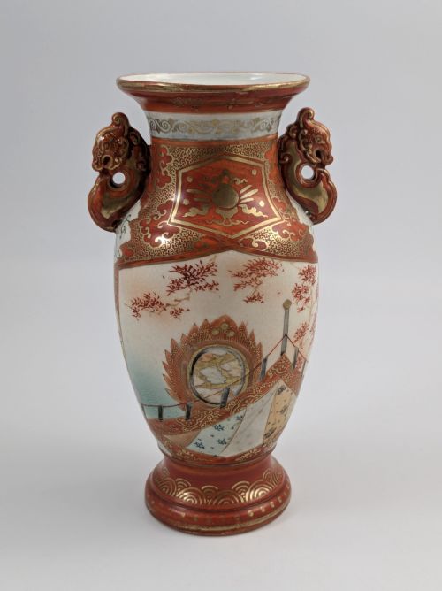 fig 3. Meiji Kutani vase with shishi handles, signed Juzan, Japanese porcelain, 1903