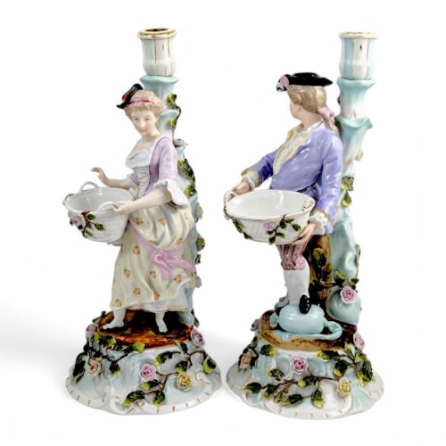 RARE PAIR OF SITZENDORF ROCOCO PORCELAIN FIGURAL CANDLESTICKS GARDENERS WITH BASKETS ON FLORAL BASES - ADDITIONAL PHOTO 1