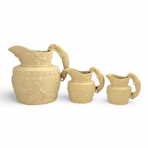 Phillips & Bagster Yellow Ware Stag Hunt Pitchers, Hound Handles, Rare Regency Set C. 1820