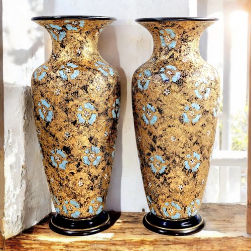 ROYAL DOULTON LAMBETH SLATERS PATENT STONEWARE VASES WITH ENAMEL FLORAL DCOR C 1910 - ADDITIONAL PHOTO 9