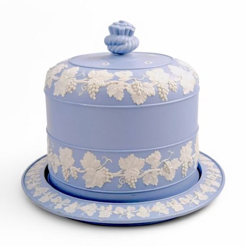WEDGWOOD STYLE BLUE AND WHITE JASPERWARE LARGE CHEESE DOME AND STAND 19TH CENTURY