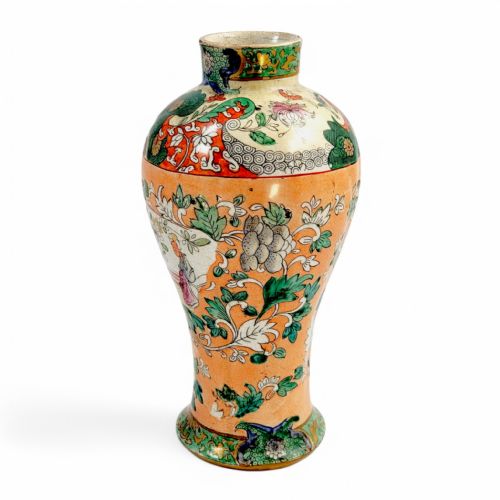 fig 4. A Regency period baluster-shaped Miles Mason ironstone vase featuring an orange background with intricate hand-painted Chinoiserie floral patterns and polychrome enamel detailing.