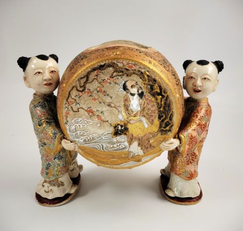Japanese Kutani-satsuma Style Drum-form Figural Incense Burner with Jurojin & Phoenix, Meiji C.1890