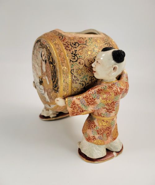 fig 1. Japanese Kutani-Satsuma Style Drum-Form Figural Incense Burner with Jurojin & Phoenix, Meiji c.1890