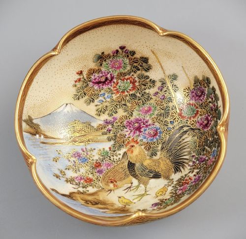 Meiji Kinkozan Satsuma Bowl, Roosters, Mt. Fuji, Gilt, Signed, Stand, C1900