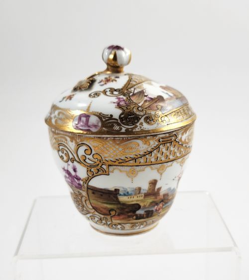 fig 1. Meissen Covered Chocolate Cup, Harbour Views & Puce Chinoiserie, c. 1780–1820