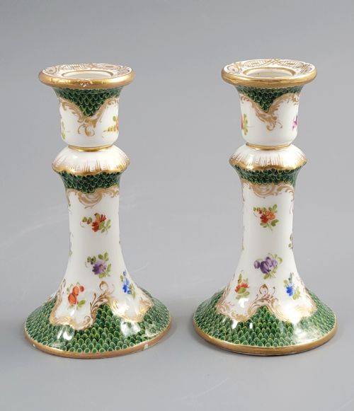 Small Pair of Porcelain Candlesticks, Karl Richard Klemm, Dresden, C.1895, Green Fishnet Design