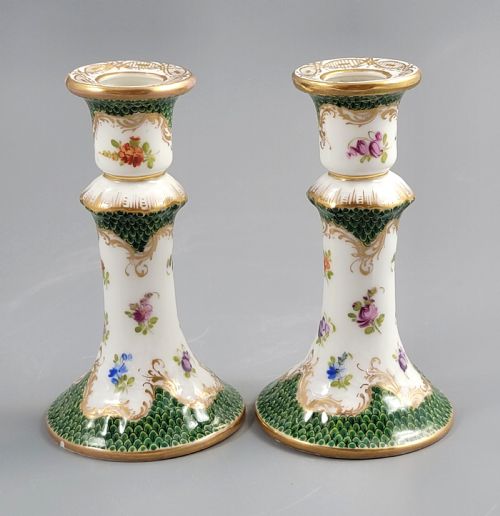 fig 1. Small Pair of Porcelain Candlesticks, Karl Richard Klemm, Dresden, c.1895, Green Fishnet Design