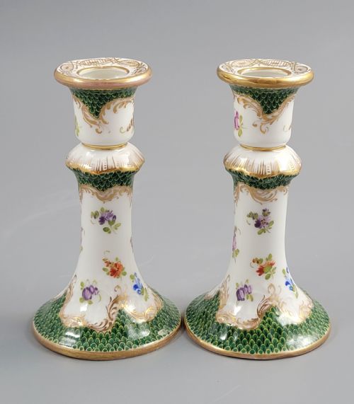 fig 2. Small Pair of Porcelain Candlesticks, Karl Richard Klemm, Dresden, c.1895, Green Fishnet Design