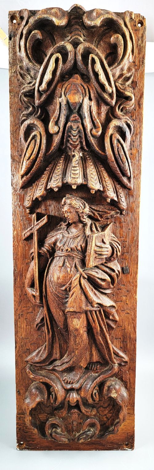 A Superb Antique Baroque Carved Oak Panel, Allegory of Faith, Flemish or German, Circa 1680.
