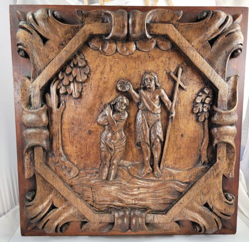 A Monumental French Baroque Walnut Panel, the Baptism of Christ, 17th Century