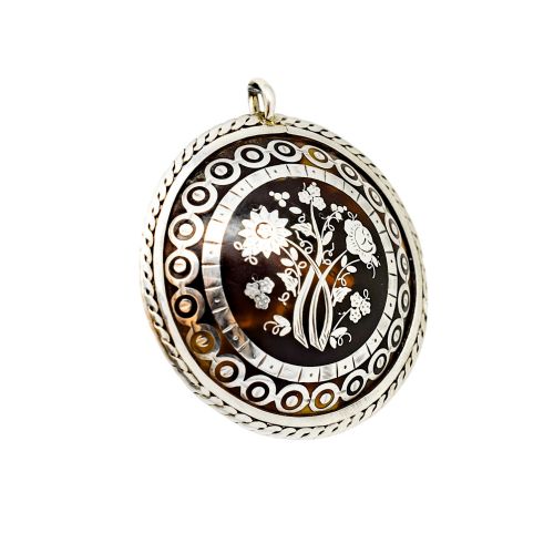 VICTORIAN TORTOISESHELL PIQU BROOCHPENDANT SILVER INLAY ROPEEDGE MOUNT C1860 - ADDITIONAL PHOTO 3