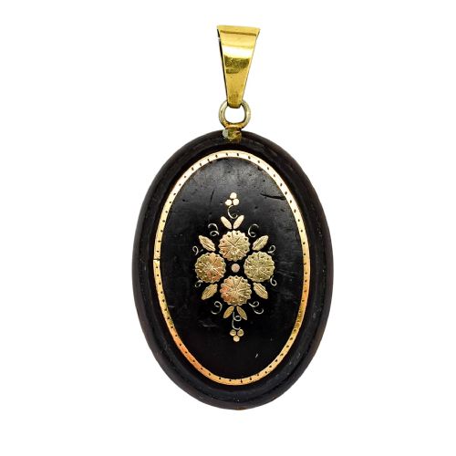 fig 1. Victorian tortoiseshell piqué pendant, gold inlay floral panel, c.1860