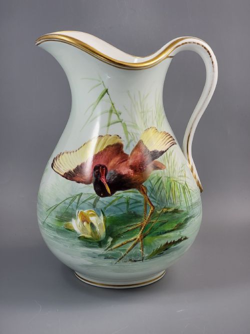 Museum-quality Signed Minton Pitcher by Wenceslas Mussill: Jacana Bird and Calla Lilies, Retailed by Mortlock, C.1880