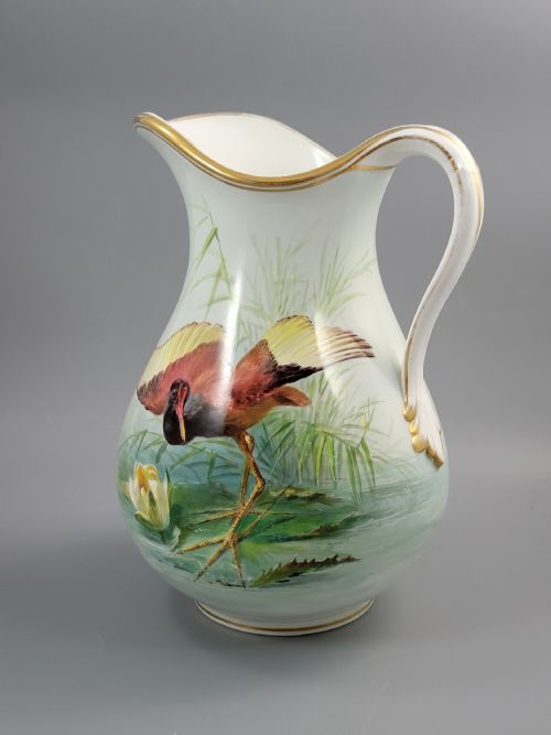 fig 1. Museum-Quality Signed Minton Pitcher by Wenceslas Mussill: Jacana Bird and Calla Lilies, Retailed by Mortlock, c.1880