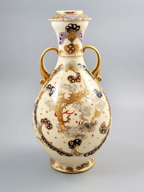 Signed Kinkozan Japanese Satsuma Vase with Dragon and Butterflies, C.1890