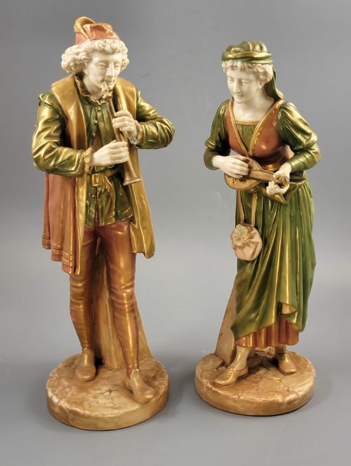 Royal Worcester Pair “Renaissance Musicians”, Exclusive Shot Enamel, 1911