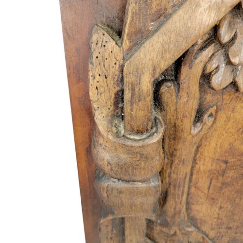 fig 3. A square French Louis XIII carved walnut panel featuring a relief sculpture of the Baptism of Christ framed by architectural scrollwork.
