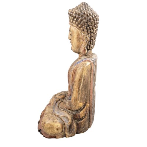 19THC CHINESE POLYCHROME WOOD BUDDHA HIGH RELIEF CARVING RITUAL FIGURE - ADDITIONAL PHOTO 3