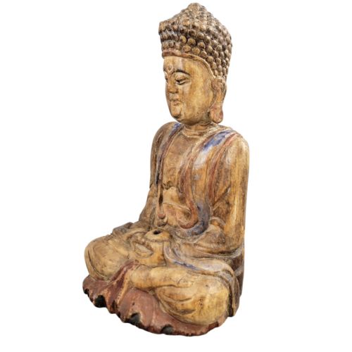 19THC CHINESE POLYCHROME WOOD BUDDHA HIGH RELIEF CARVING RITUAL FIGURE - ADDITIONAL PHOTO 6