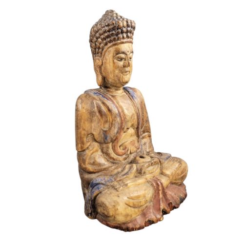 19THC CHINESE POLYCHROME WOOD BUDDHA HIGH RELIEF CARVING RITUAL FIGURE - ADDITIONAL PHOTO 8