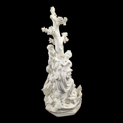 fig 2. An 18th-century white unglazed biscuit porcelain figure group depicting the Three Graces surrounding Cupid tied to a central tree trunk.