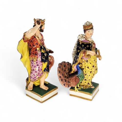 fig 1. A pair of Bloor Derby porcelain figures representing the classical deities Jupiter with an eagle and Juno with a peacock, decorated in polychrome enamels with gilding.