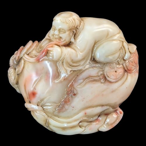 fig 1. Republican-Era Chinese Shoushan Stone Seal — Liu Hai with Money Toad on Wealth Bag, China, 1930s