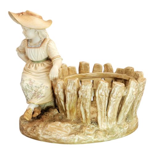 ROYAL WORCESTER PORCELAIN JARDINIRE OF A GIRL AT RUSTIC FENCE JAMES HADLEY 1888 - ADDITIONAL PHOTO 1