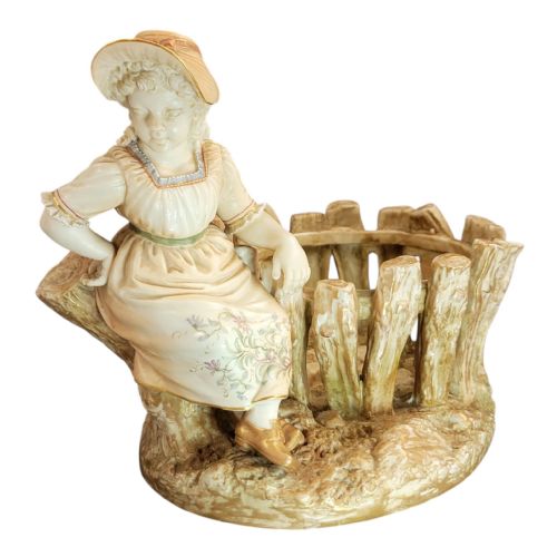 ROYAL WORCESTER PORCELAIN JARDINIRE OF A GIRL AT RUSTIC FENCE JAMES HADLEY 1888 - ADDITIONAL PHOTO 9