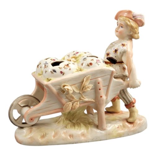 KRISTER KPM WALDENBURG PORCELAIN BOY WITH WHEELBARROW POSY HOLDER C 1910 - ADDITIONAL PHOTO 1