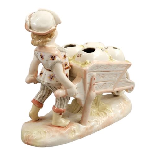 KRISTER KPM WALDENBURG PORCELAIN BOY WITH WHEELBARROW POSY HOLDER C 1910 - ADDITIONAL PHOTO 4